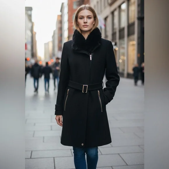 Calvin Klein Black Belted faux fur collar Coat - Picture 1 of 12